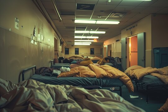 Empty emergency shelter room with rows of beds and blankets