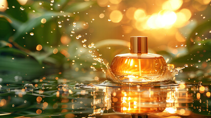 A luxurious perfume bottle splashes elegantly in a garden pond under the golden hour sunlight, creating a stunning visual effect