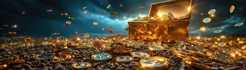 A treasure chest open under a stormy sky, scattered coins and gold illuminating the scene with a magical glow.