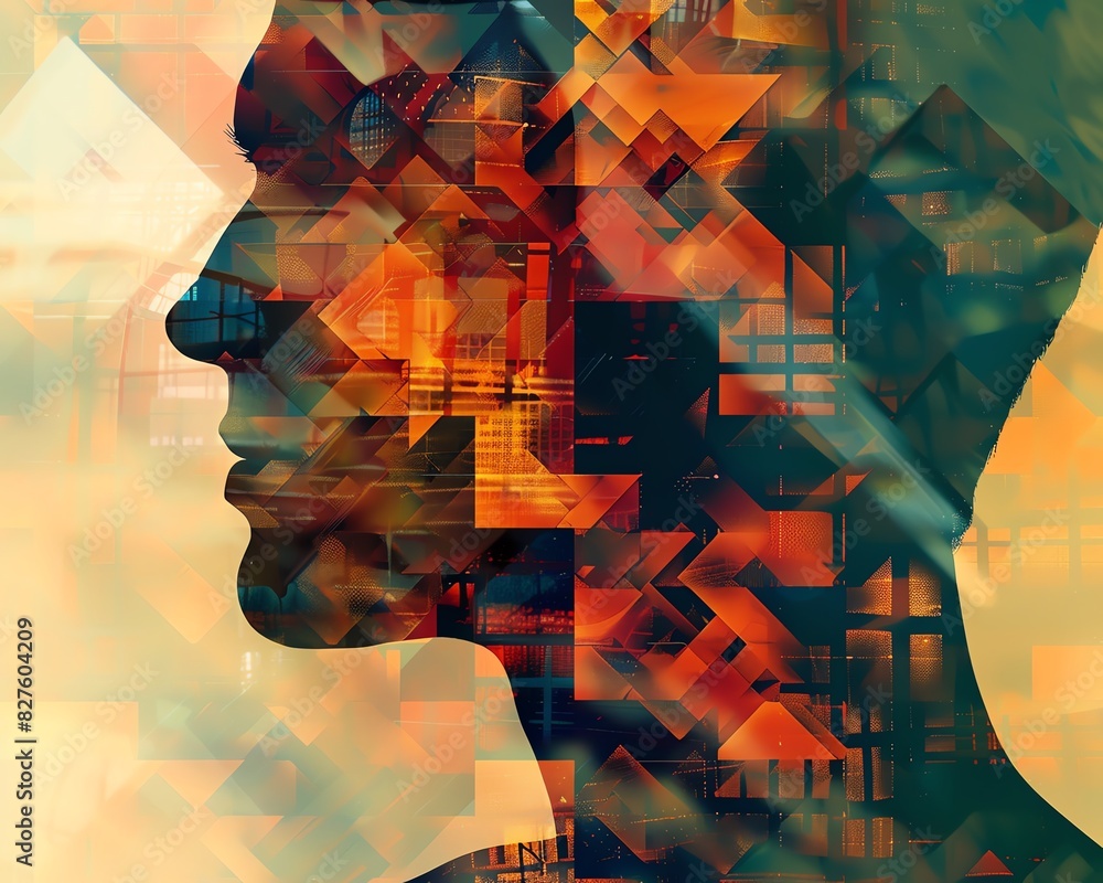 Poster abstract silhouette profile of a person overlaid with colorful geometric patterns and shapes, creati