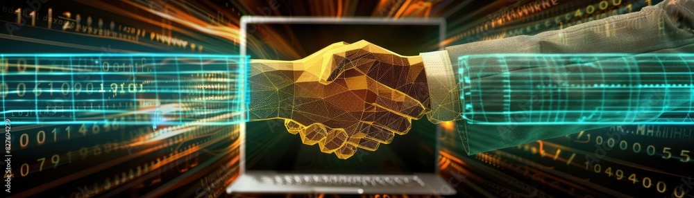 Poster digital handshake symbolizing cyber partnership and technology collaboration in a futuristic virtual