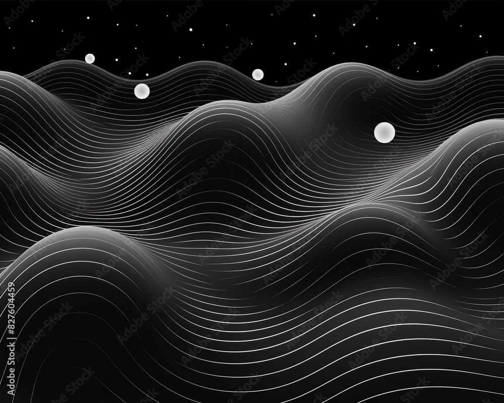 Poster abstract black and white wave pattern with spheres floating, evoking a futuristic and minimalistic d