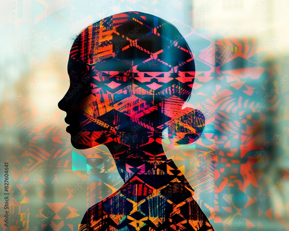 Poster silhouette of a woman with colorful, intricate patterns overlayed, creating a visually striking and 
