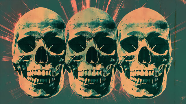 Three stylized skulls with vibrant, contrasting colors in a pop art style, set against a dynamic background.