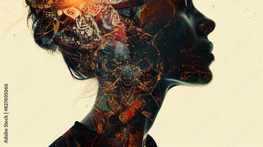 Poster a surreal digital art illustration of a woman's profile with abstract neural network patterns, repre