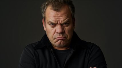 Obraz premium Middle-aged man with an angry expression, arms crossed, standing against a dark background, conveying displeasure.
