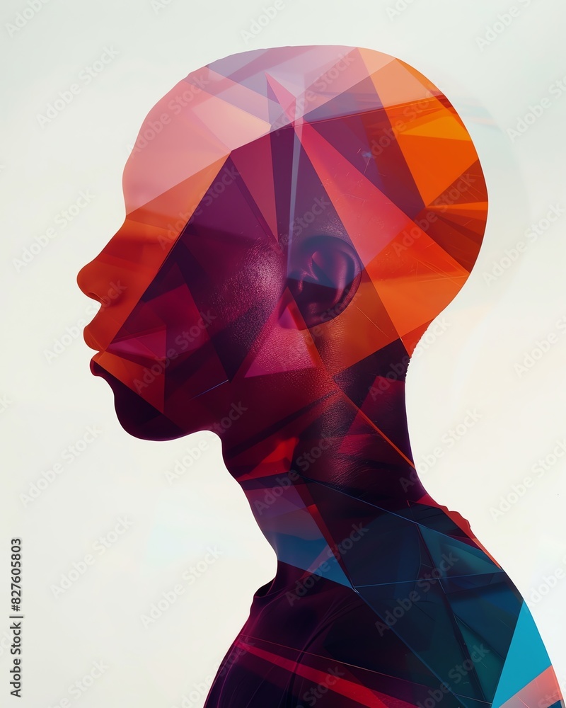 Poster abstract double exposure portrait of a person with colorful geometric shapes, blending human silhoue