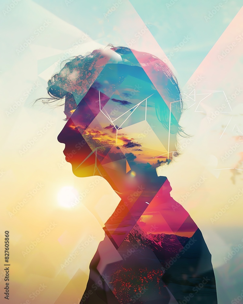 Poster double exposure of person silhouette overlaid with geometric patterns and vibrant sunset, creating a