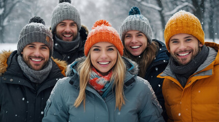 Group of cheerful friends on winter season day. Capturing the spirit of Friendship Day celebration.Group of cheerful friends on winter season day. Capturing the spirit of Friendship Day celebration.