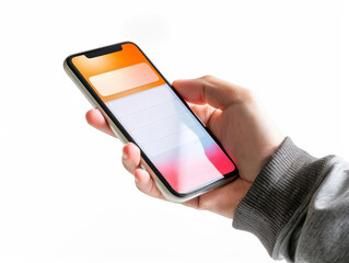 Close-up of a smartphone screen with a notification icon, person's hand holding the phone, isolated on white background, digital communication, copy space, stock photo