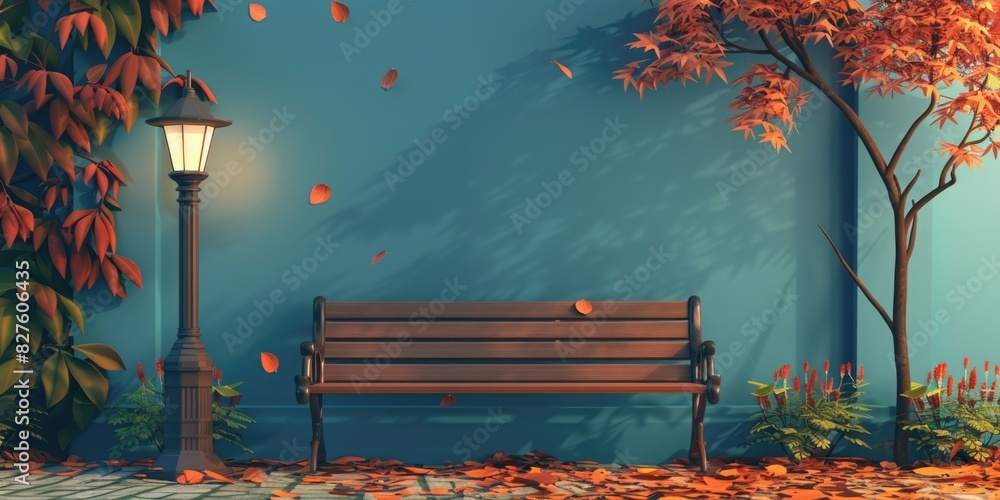 Poster a bench is in front of a lamp post with leaves falling around it. the scene is set in autumn, with t