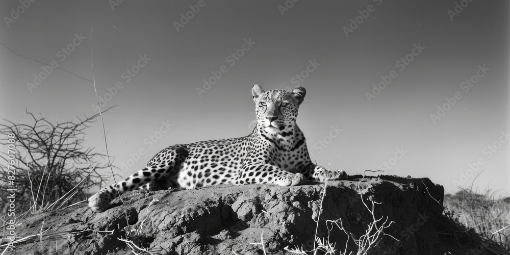 Poster a leopard is laying on a rock in the desert. the image has a mood of solitude and calmness