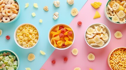 A colorful assortment of fruit and nuts are displayed in bowls on a table