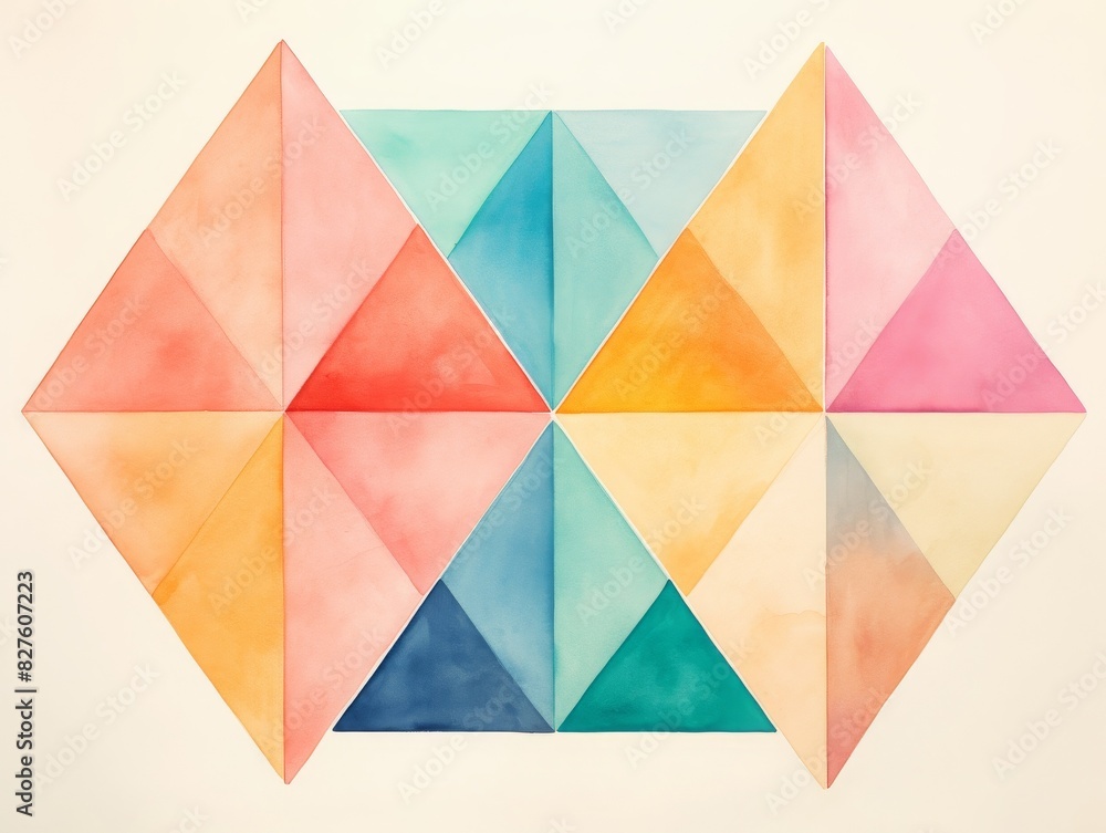 Poster geometric pattern with vibrant watercolor triangles in various colors, forming an abstract and color