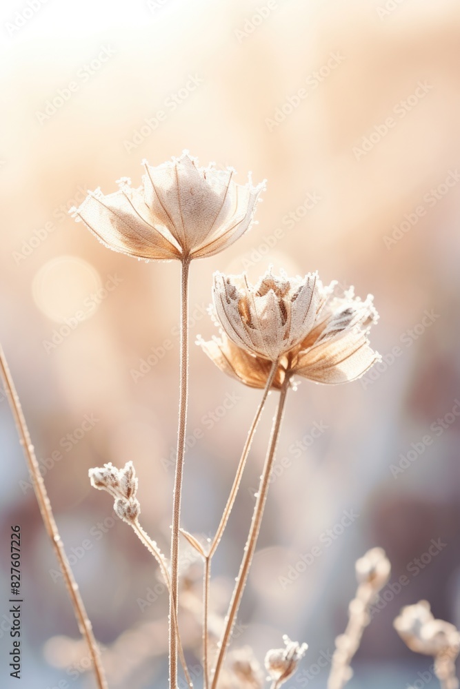 Poster two flowers are frosted with snow and are surrounded by a field of grass. the image has a serene and