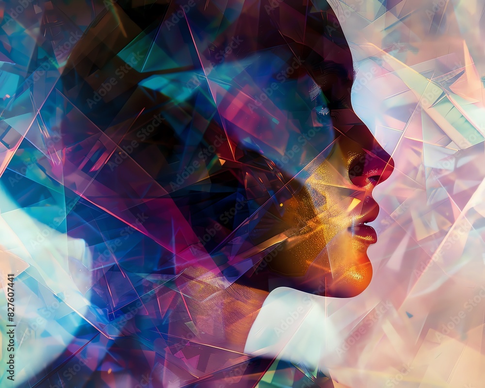 Poster a vibrant abstract representation of a human profile, blending colorful geometric shapes and light e