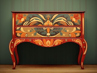 Vintage wooden dresser with intricate hand-painted floral patterns. Perfect for rustic home decor and adding charm to any room.