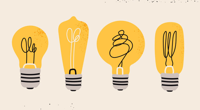 Various Light bulbs. Cartoon flat style. Idea, creativity, innovation, inspiration, invention concept. Hand drawn modern Vector illustration. Isolated design elements