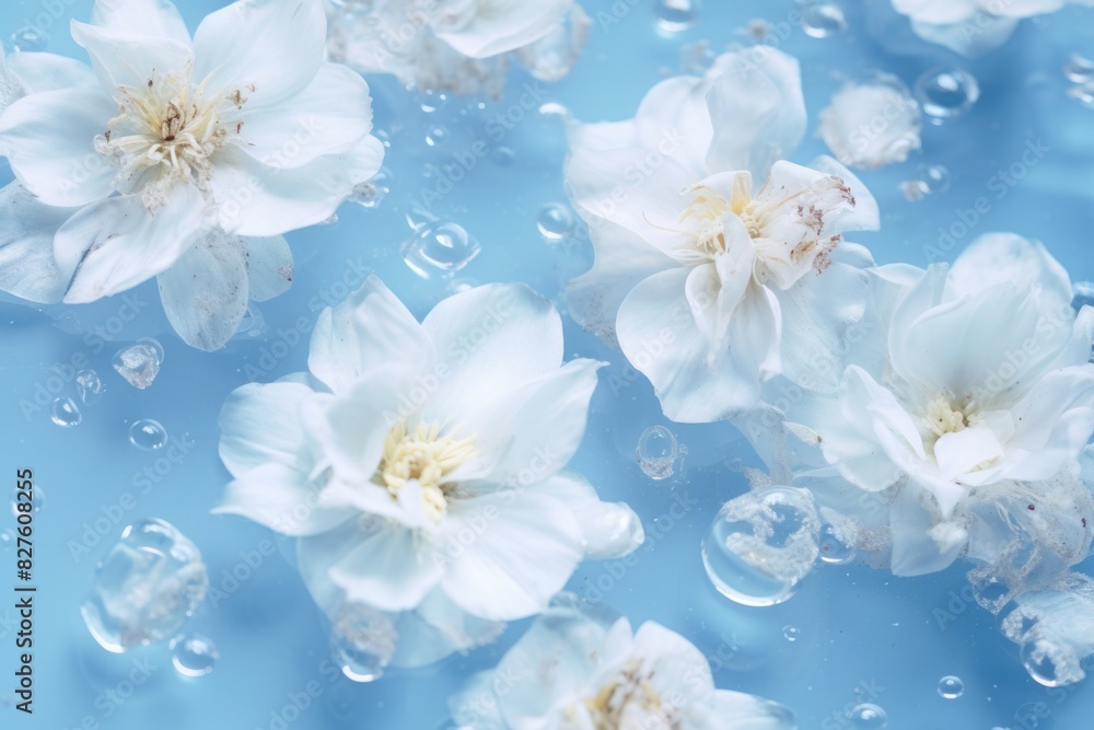 Poster a blue background with white flowers floating on top of it. the flowers are in various sizes and are