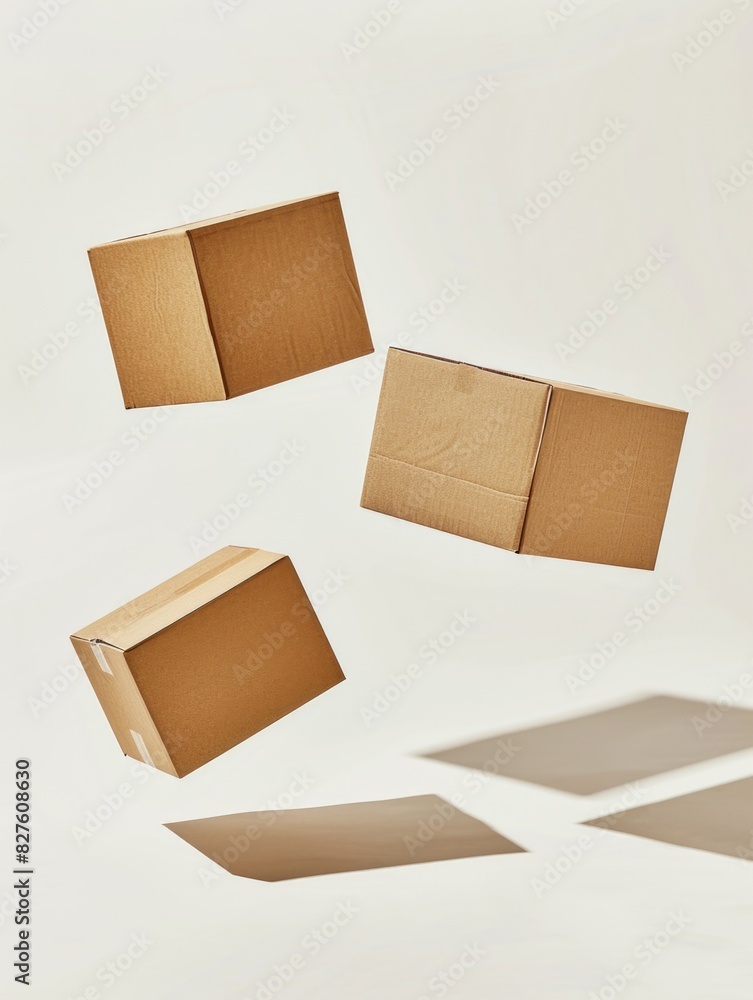 Poster three cardboard boxes are flying in the air, creating a sense of motion and excitement. the boxes ar
