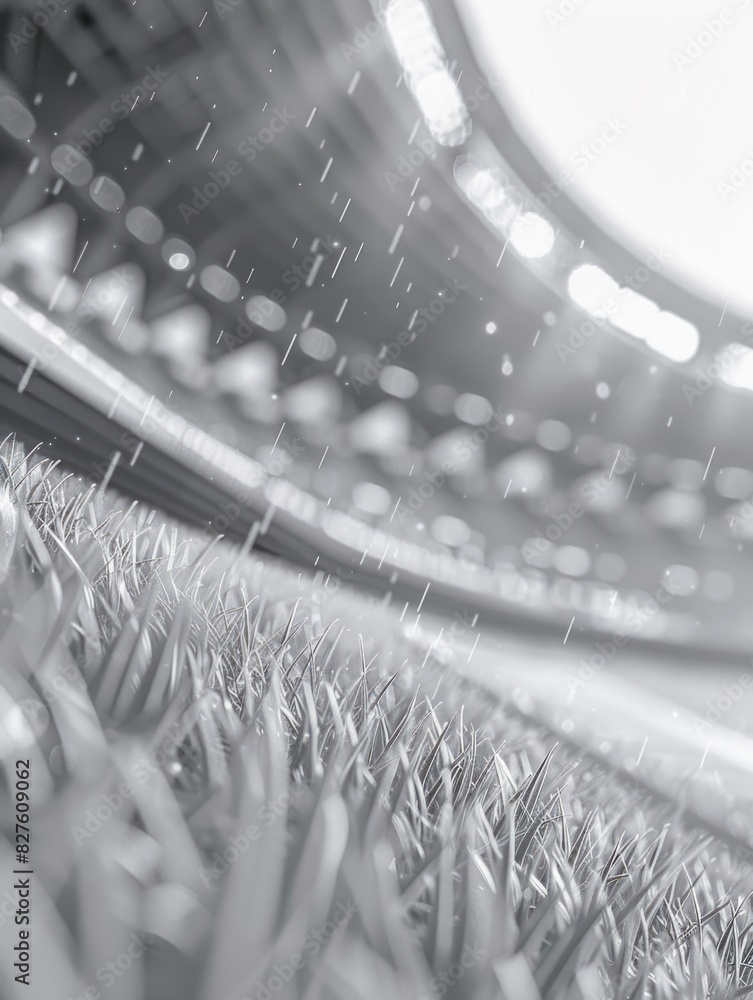 Poster a stadium with a wet grass field. the stadium is empty and the rain is falling