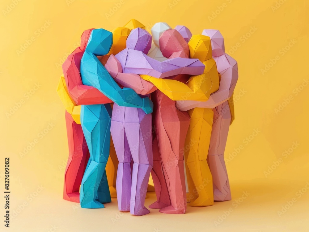 Poster a group of people are holding hands in a circle. the people are in different colors and sizes. conce