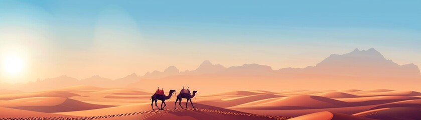 Fototapeta premium Desert trek with camels and dunes flat design side view epic journey watercolor monochromatic color scheme