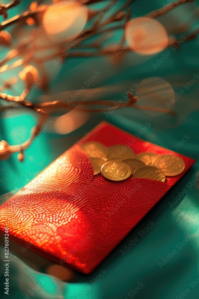 Poster a red envelope with gold coins inside. the coins are arranged in a pattern and the envelope is place