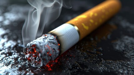 A cigarette is lit and smoking, with the smoke billowing out of the end. Concept of danger and harm, as smoking is known to cause serious health problems