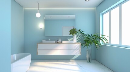 Fototapeta premium Clean Bathroom Design, A modern bathroom with light blue walls, a sleek vanity, and a frameless mirror