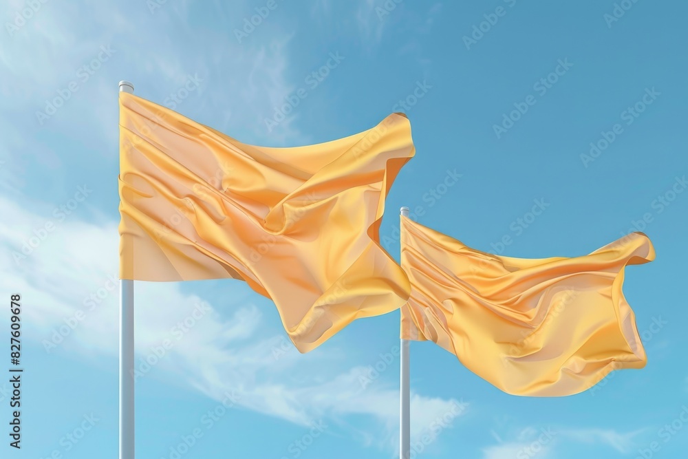 Poster two yellow flags are blowing in the wind on a clear blue sky. the flags are large and flow in the wi