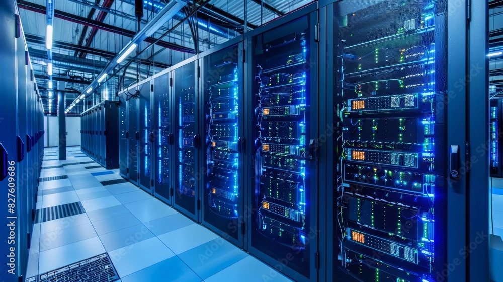 Aufkleber server room. rows of server racks with bright lights in modern data center.