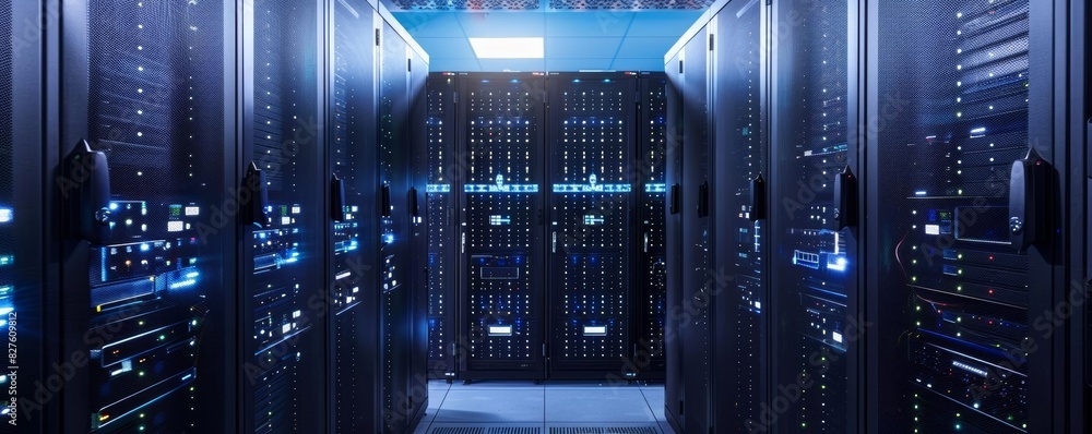 Poster rows of server racks with bright lights in a data center.