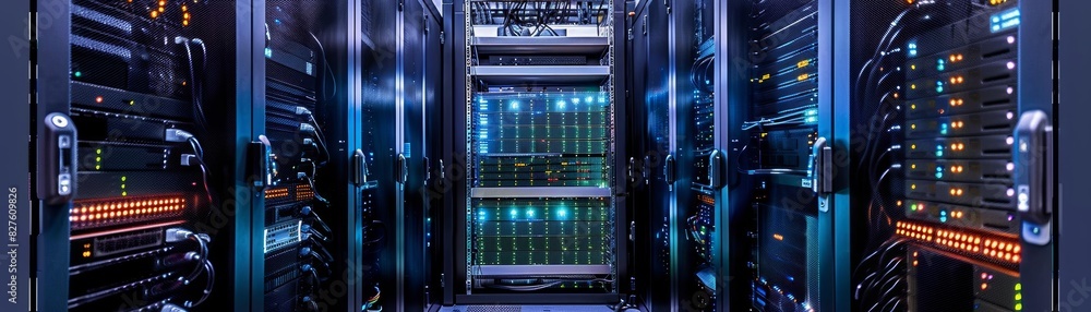 Poster rows of server racks with blinking lights in a data center