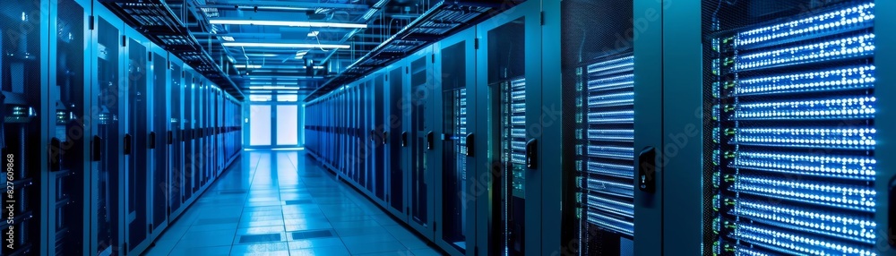 Poster rows of server racks with bright lights in a modern data center.