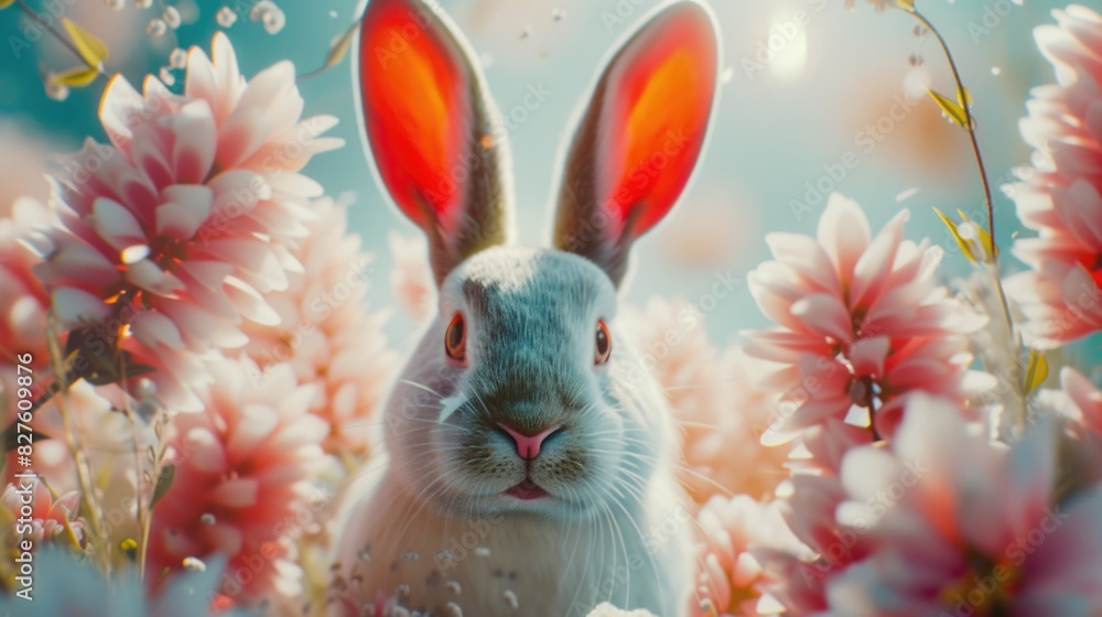 Poster a rabbit is standing in a field of flowers with pink petals. the rabbit has red ears and is looking 