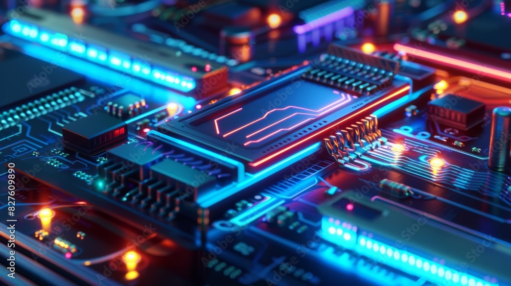 Poster close-up of a computer chip with glowing lights on a circuit board