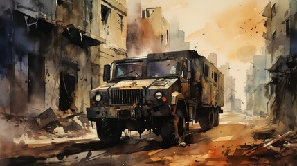 Fototapeta premium A military truck is driving down a road in a city, watercolor illustrations, Summer activity.