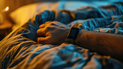 A person's hand is resting on a bed with a watch on their wrist. The bed is covered in a blue...