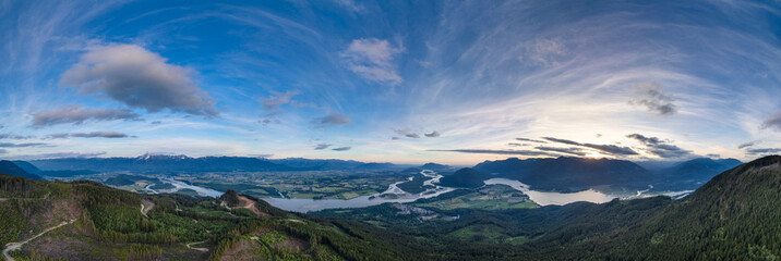 Aerial panorama of Canadian Mountain Landscape in Valley. Sunny Sunset