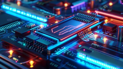 Close-up of a computer chip with glowing lights on a circuit board