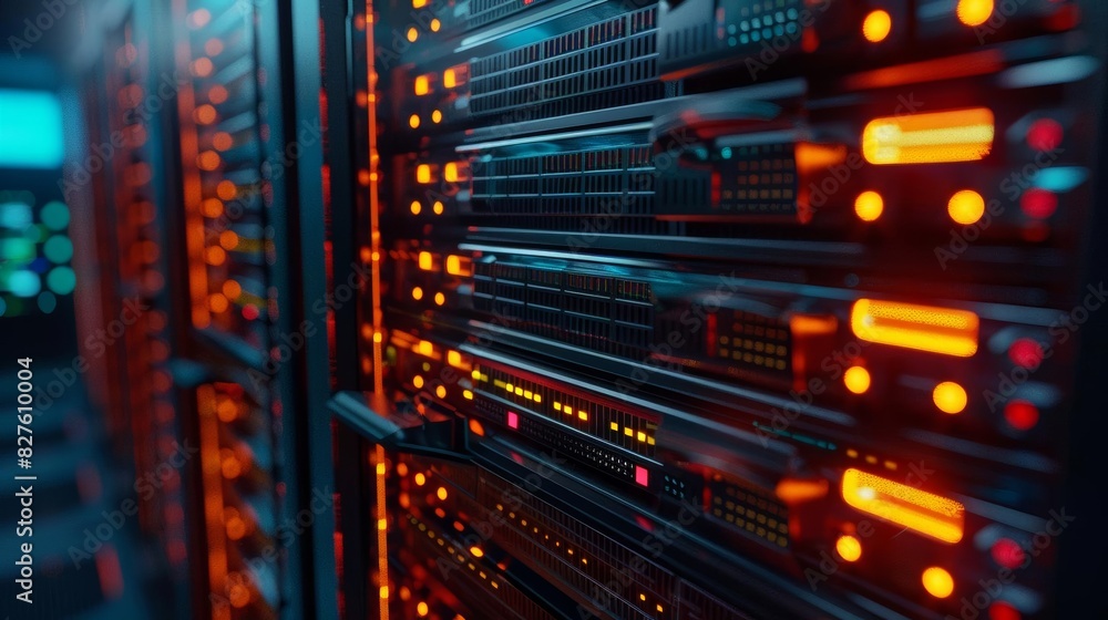 Poster abstract technology background of server room with rows of rack-mounted servers. glowing orange ligh