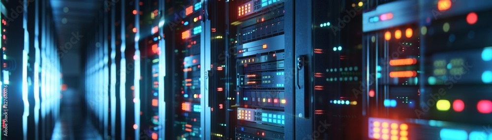 Aufkleber abstract technology background of server room with many flashing lights and blinking lights in blue 