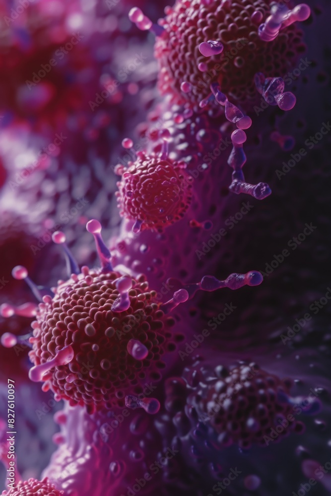 Poster a close up of a purple and pink blob with many small red dots. the image is of a virus or bacteria
