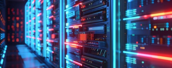 Abstract technology background of server room with rows of rack-mounted servers. Glowing red and blue lights.