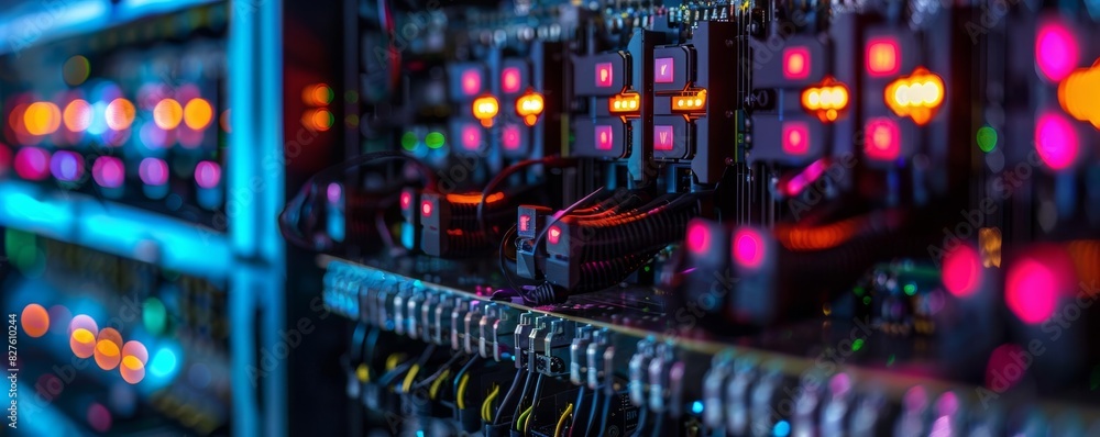 Poster abstract technology background of server room with blurred colorful lights.