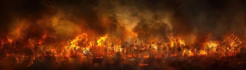 Obraz premium Dramatic panorama of a raging wildfire with intense flames and smoke, depicting environmental destruction and natural disasters.
