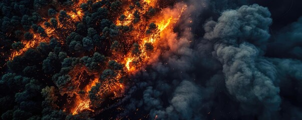 Aerial view of a forest fire with intense flames and thick smoke engulfing the trees, highlighting the destructive power of nature.