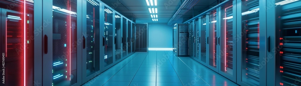 Poster abstract technology background of a server room with rows of rack-mounted servers lit by red and blu