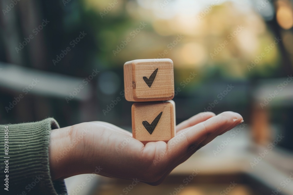 Poster a hand holding two wooden blocks with a check mark on them. the blocks are stacked on top of each ot